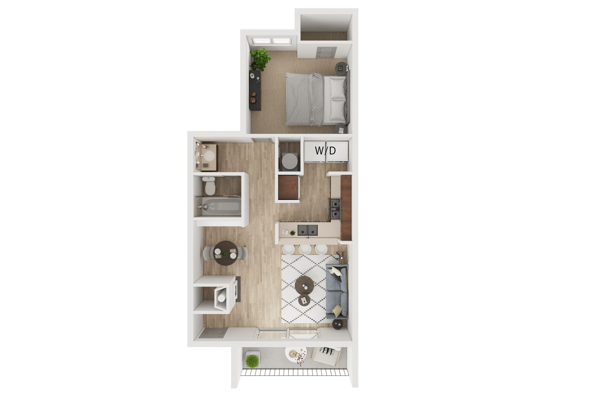 Floor plan of a small apartment; includes a bedroom, bathroom, kitchen, living space, and balcony.