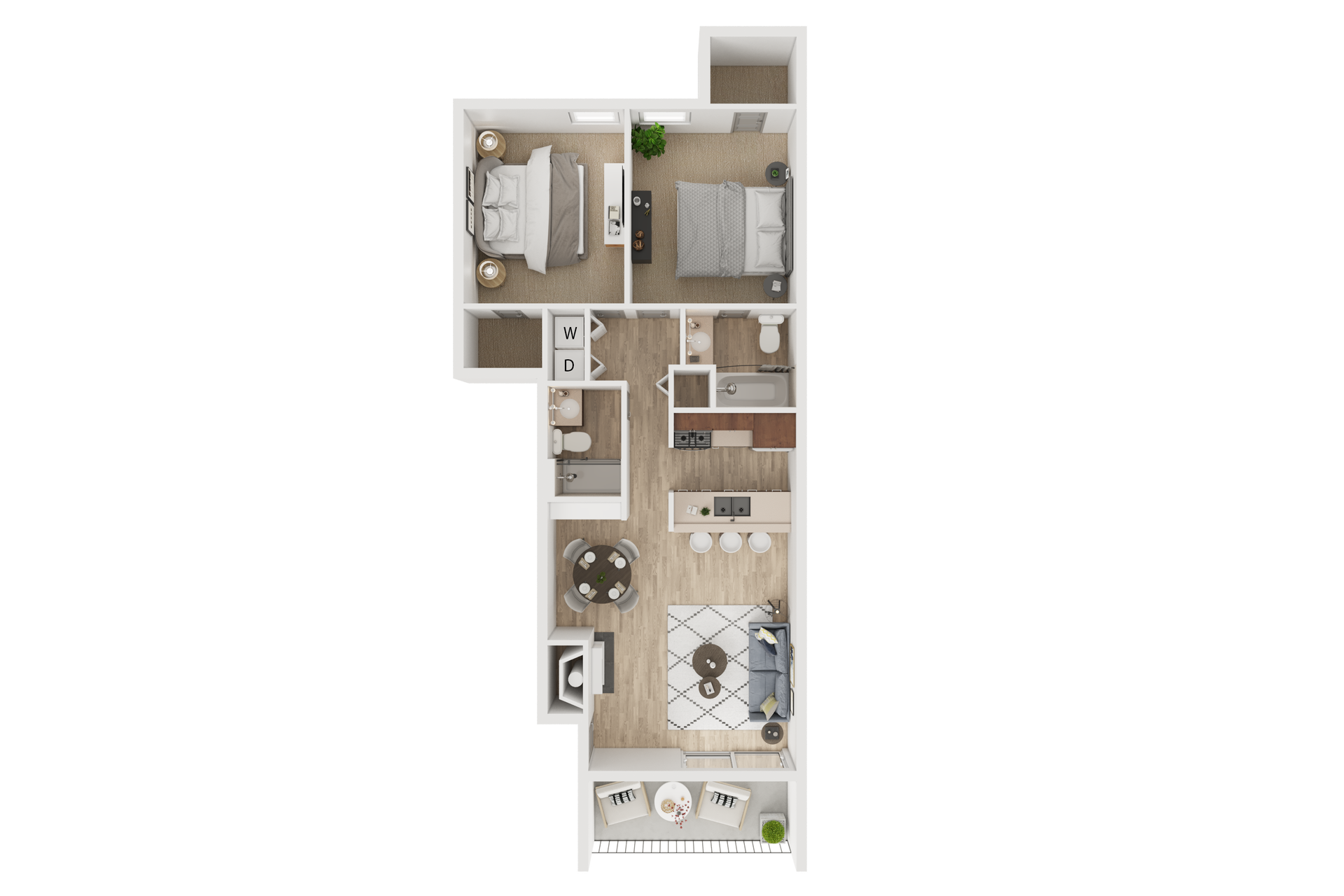 Floor plan of a two-bedroom apartment. Includes bedrooms, living area, kitchen, and balcony.