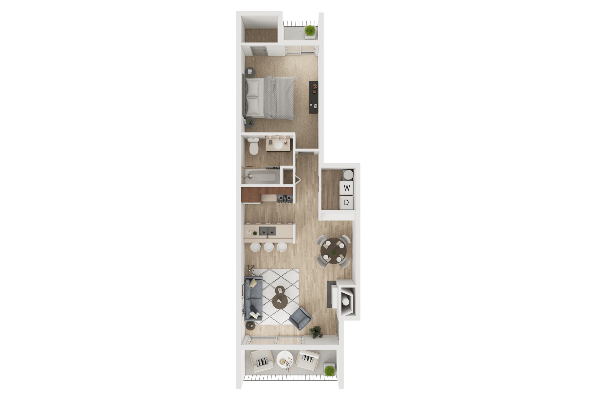 Floor plan of a one-bedroom apartment with a living area, kitchen, bedroom, and two balconies.