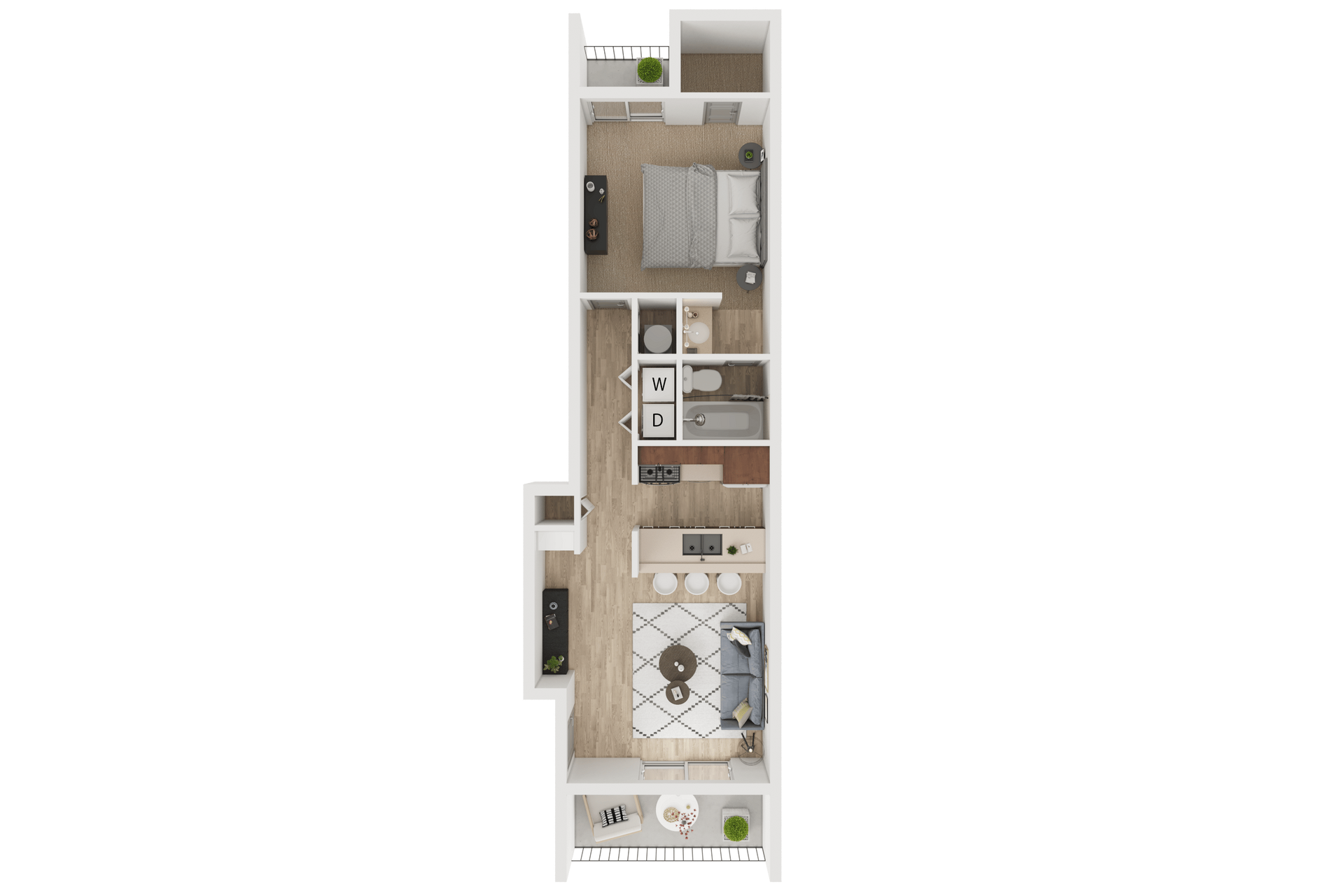 Floor plan of a long, narrow apartment with a bedroom, bathroom, kitchen, and living area.