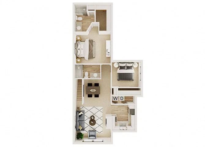 Floor plan of a two-bedroom apartment. Includes a kitchen, living area, and bathrooms.