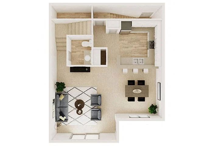 Floor plan of a two-story home, including living room, kitchen, dining area, and stairs.