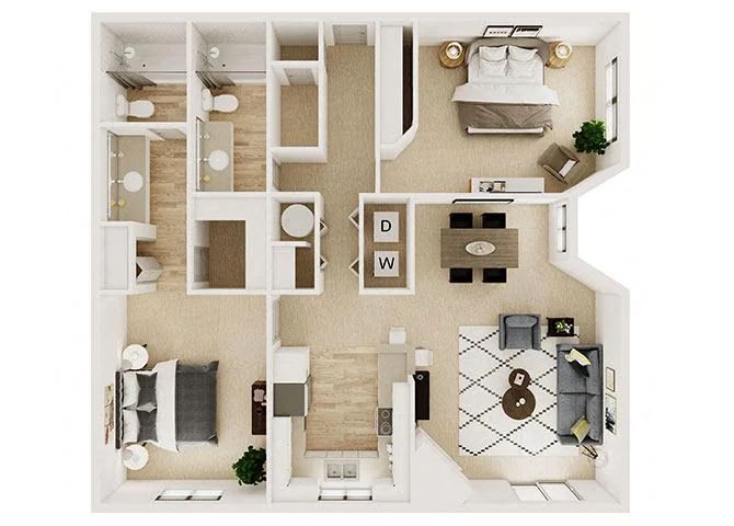 Floor plan of a two-bedroom apartment, showing rooms, furniture, and appliances from an overhead perspective.