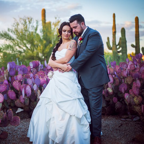 Wedding Photo in the desert with purple cactus