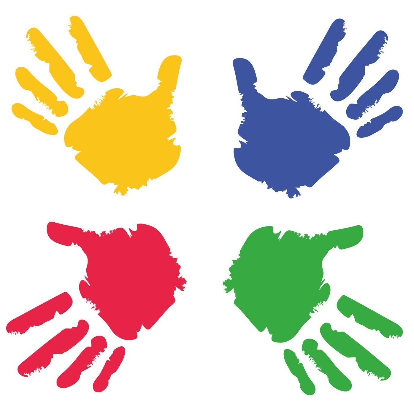 Four different colored hand prints on a white background | Brookline, NH | Scribbles Early Learning