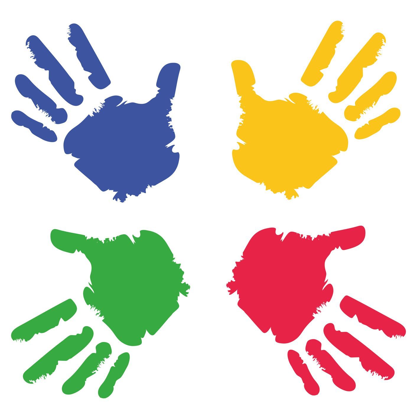 Four different colored hand prints on a white background | Brookline, NH | Scribbles Early Learning