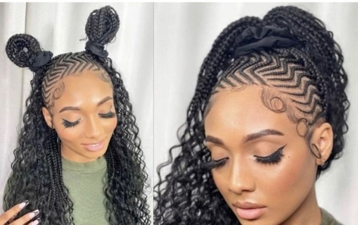 Woman with braided hairstyle featuring intricate patterns and curly hair.