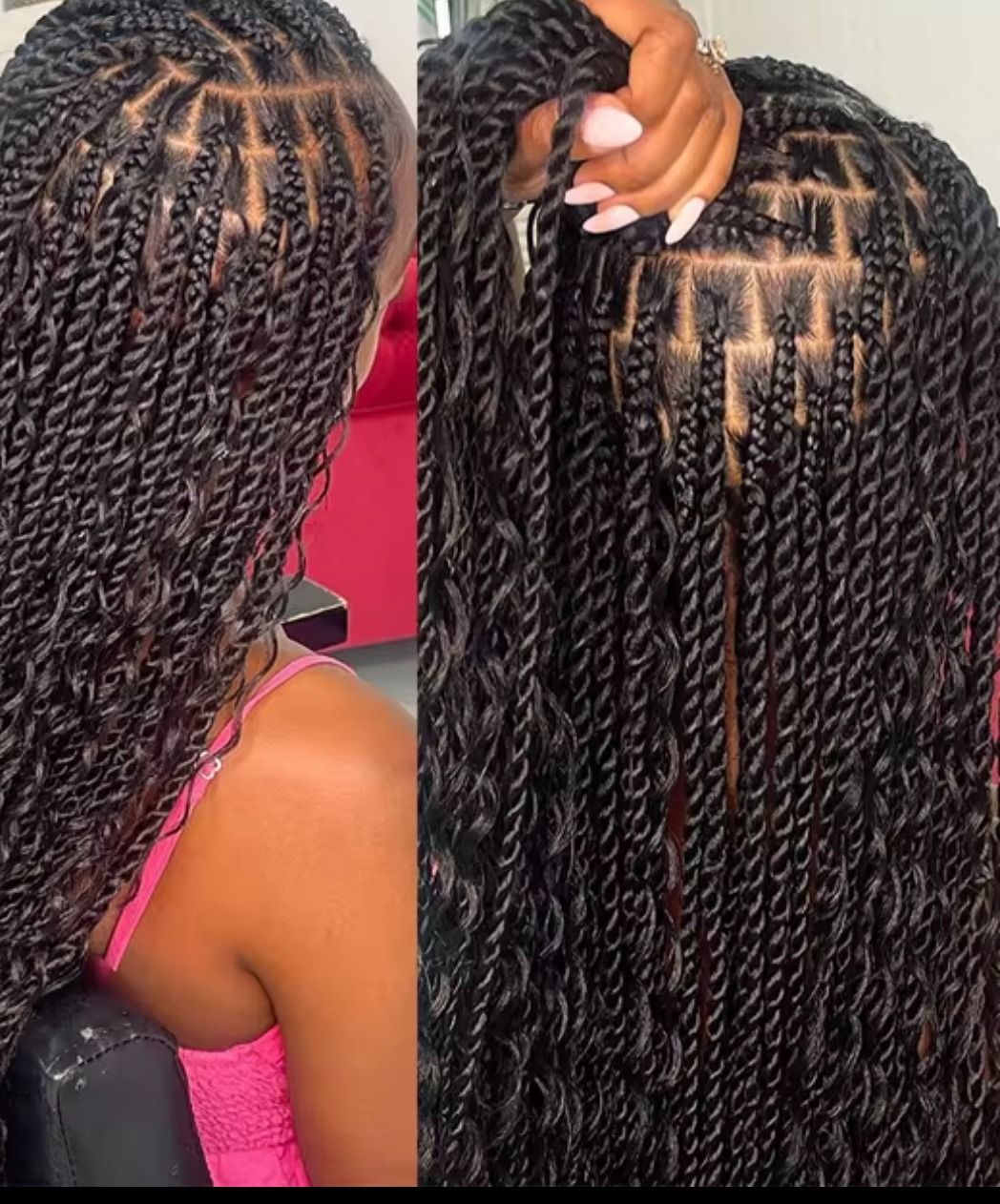 Twisted protective hairstyle with square partings.
