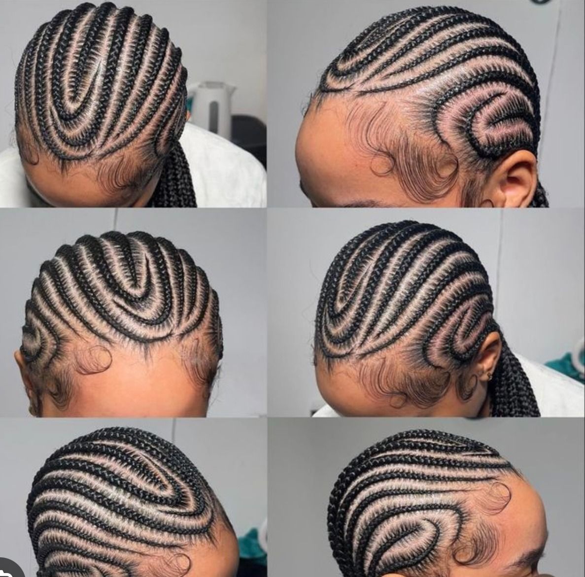 Braided hairstyle with swirling patterns; a person's profile is visible, showing neatly styled braids and baby hairs.