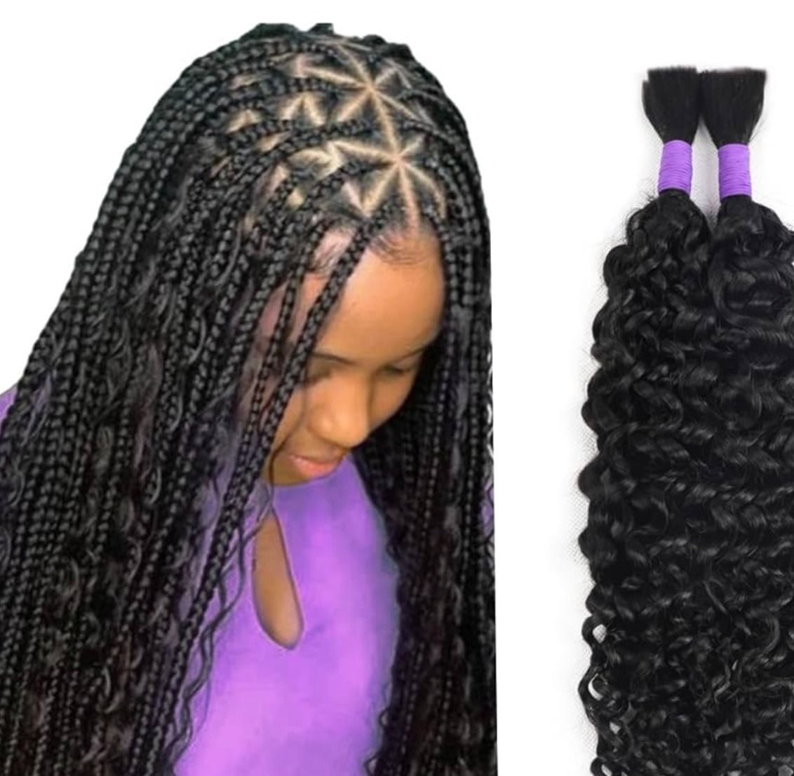 Woman with long, black braided hairstyle, partial view. Braids are adorned with wavy extensions.