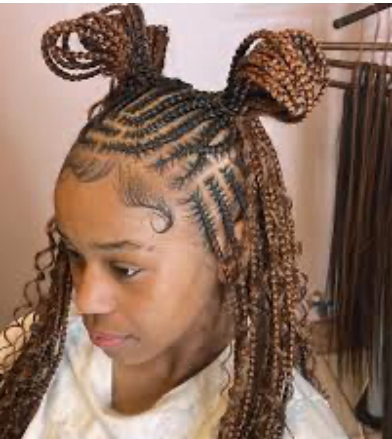 Braided hairstyle with two large bow-like buns, braids in black and brown, and curly tendrils.