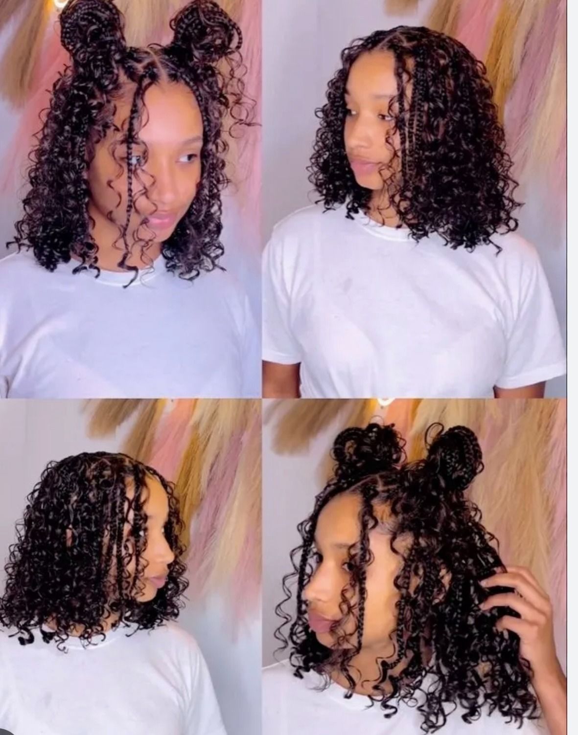 Four images of a person with curly dark hair styled in different ways, some with buns.