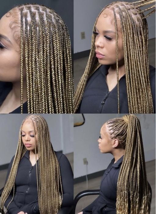 Blonde box braids styled in multiple views: down, with updo, and close-up of the hairline.