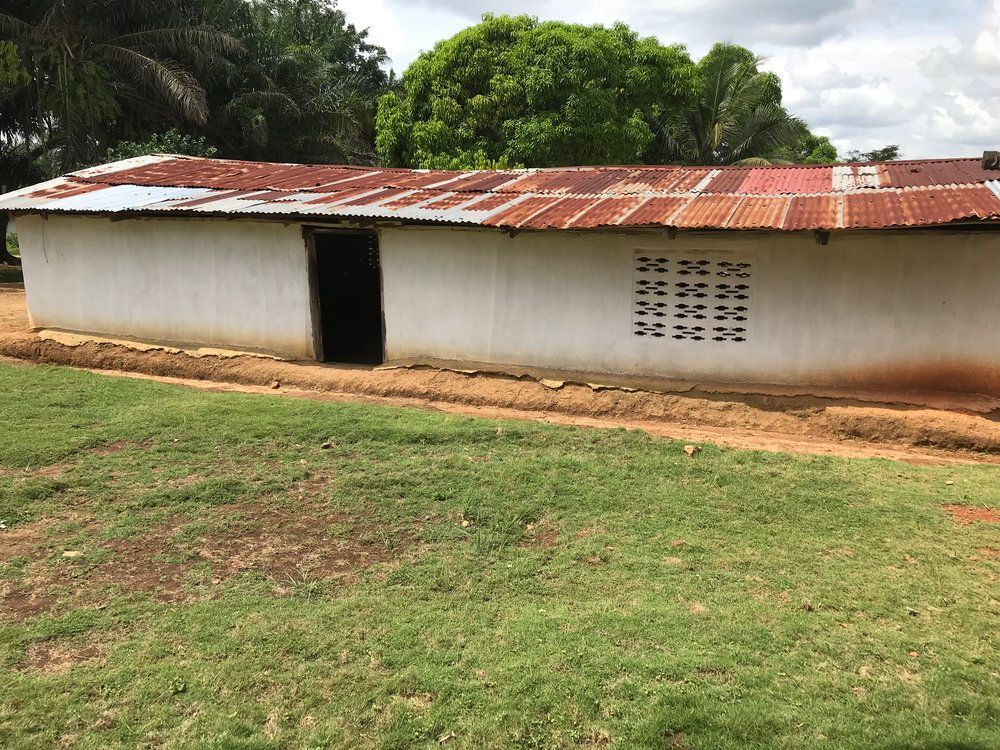 A white building with a tin roof is sitting in the middle of a grassy field.