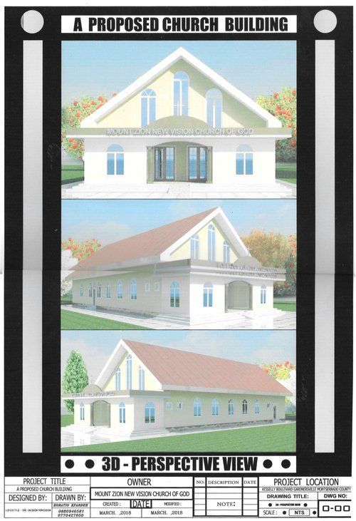 A 3d perspective view of a proposed church building