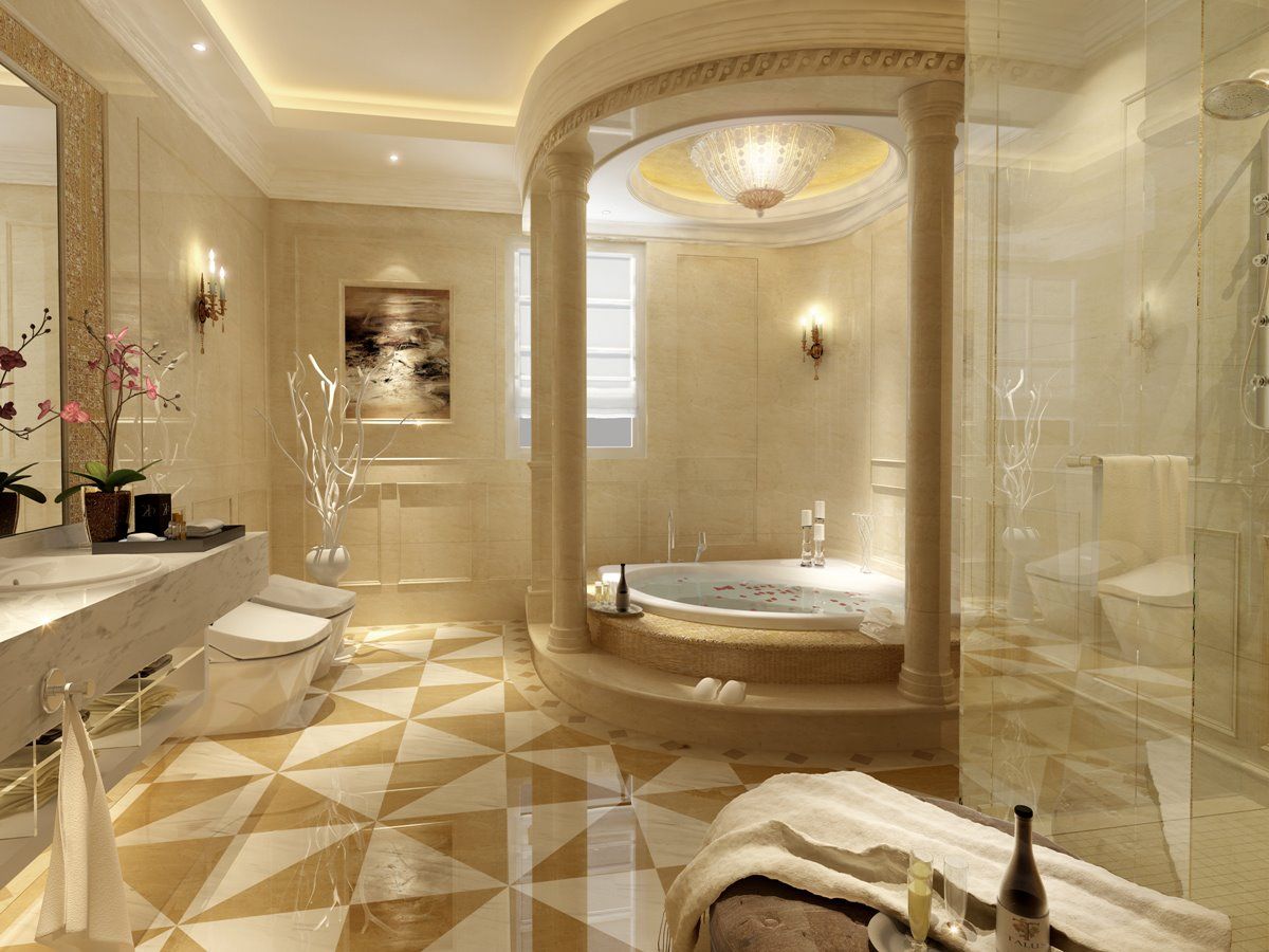Luxurious bathroom with a circular tub, marble flooring, and ornate details.