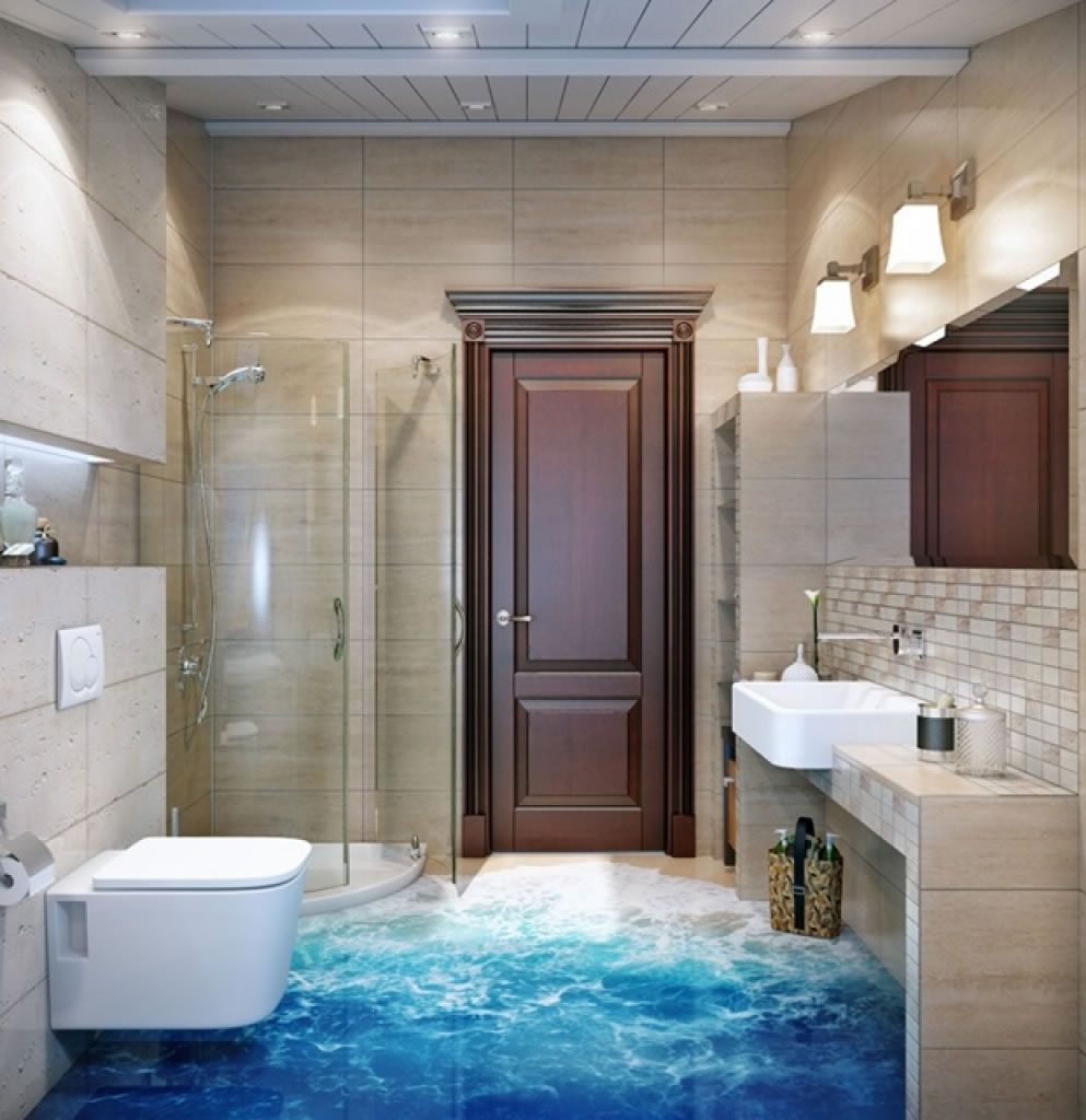 Bathroom with ocean wave floor, shower, toilet, sink, and wooden door.