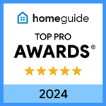 Homeguide Top Pro Award badge for 2024 with a house icon, text, and 5 gold stars.