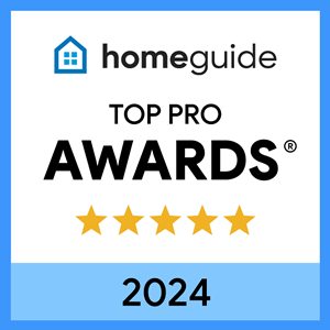 Homeguide Top Pro Award badge for 2024 with a house icon, text, and 5 gold stars.