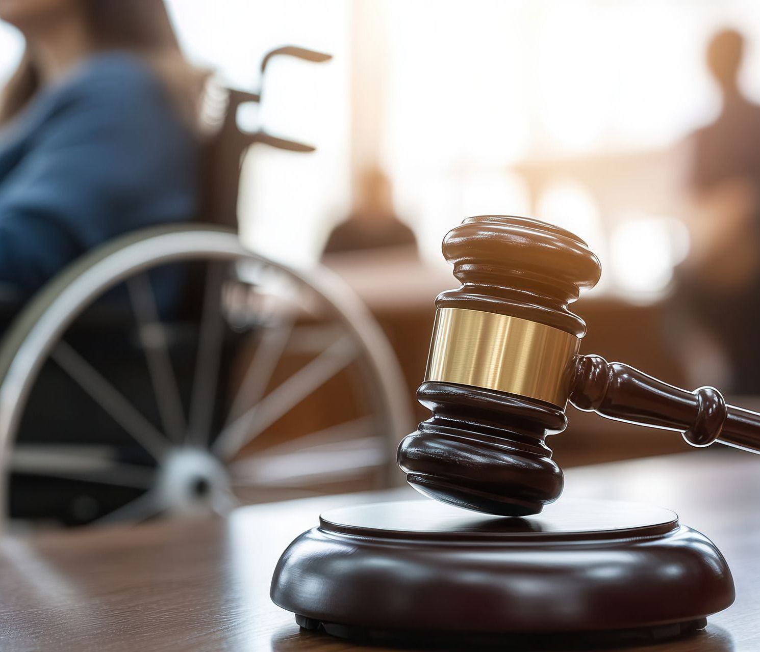 A wooden gavel in front of someone sitting in a wheelchair