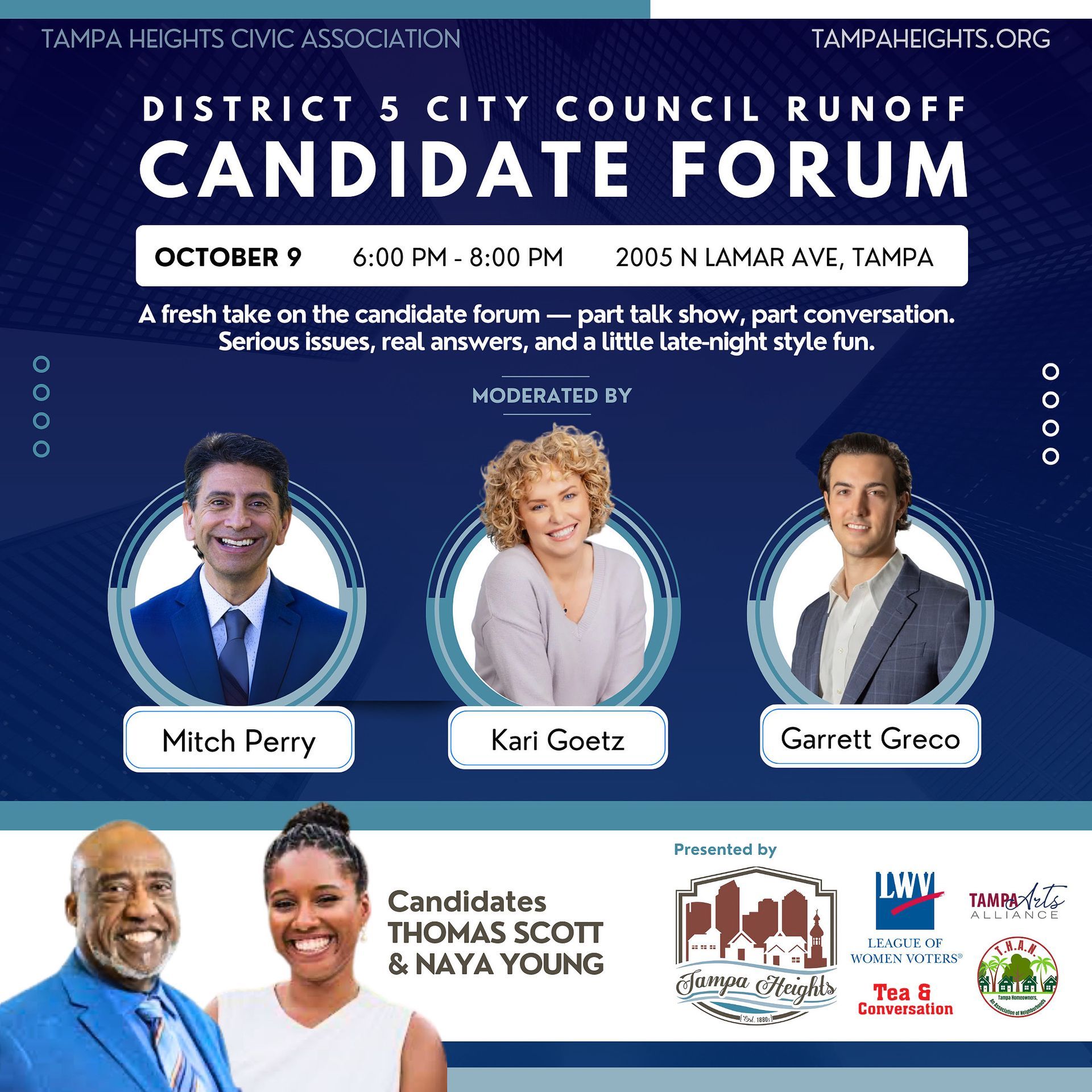 Flyer for a late-night talk show–inspired District 5 candidate forum featuring moderators Mitch Perr