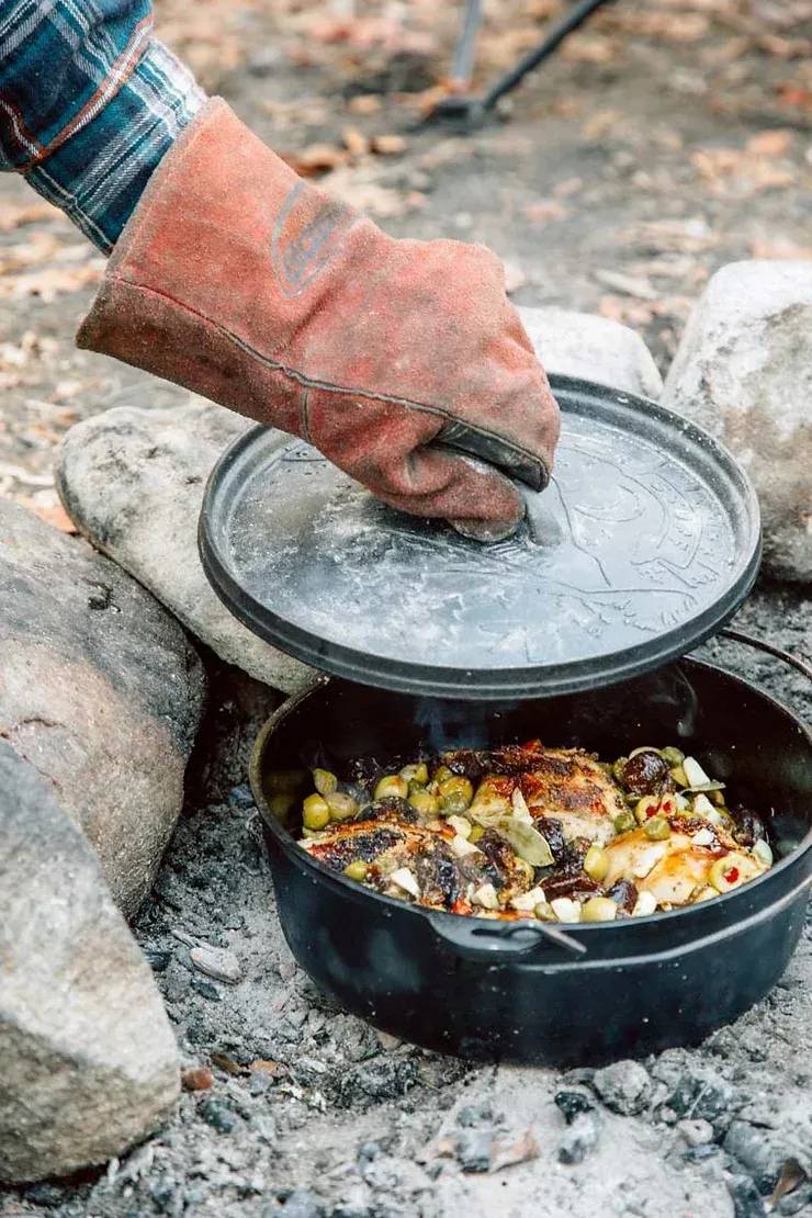 A person is cooking food in a dutch oven over a campfire.