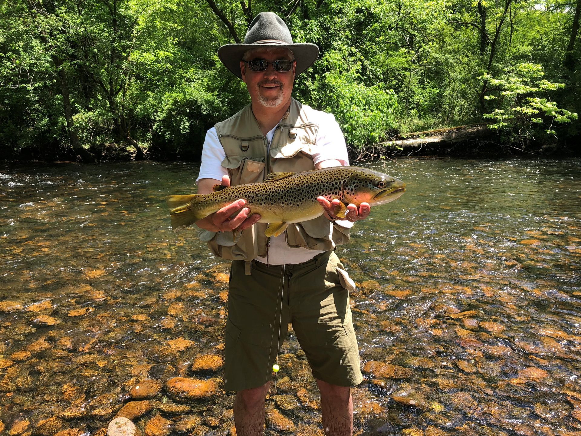 A man is holding a large brown trout in a river.