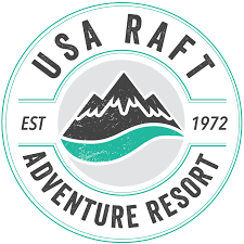 The logo for usa raft adventure resort shows a mountain and a river.