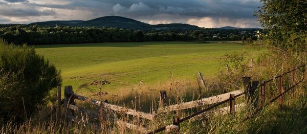Grassy field with a wooden fence and a dark mountain under a cloudy sky.