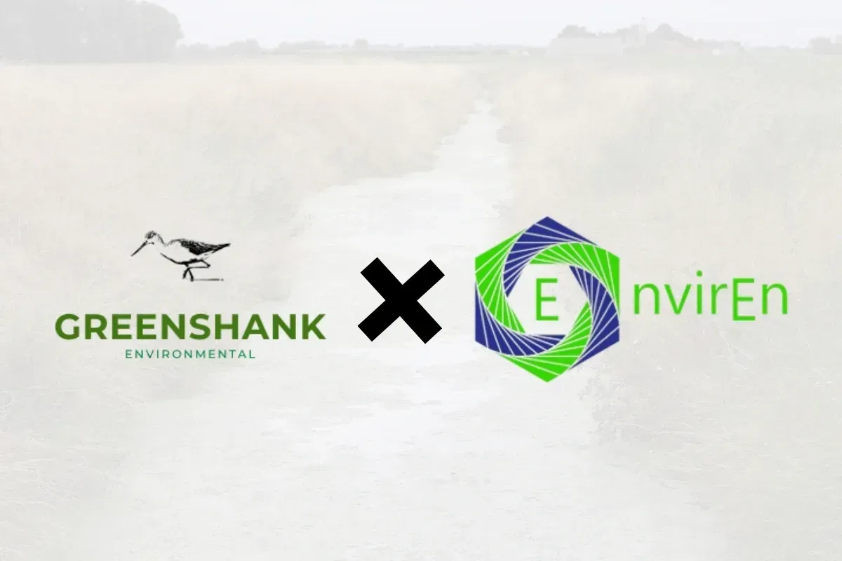 Logos of Greenshank Environmental and Enviren, crossed over a blurred landscape.