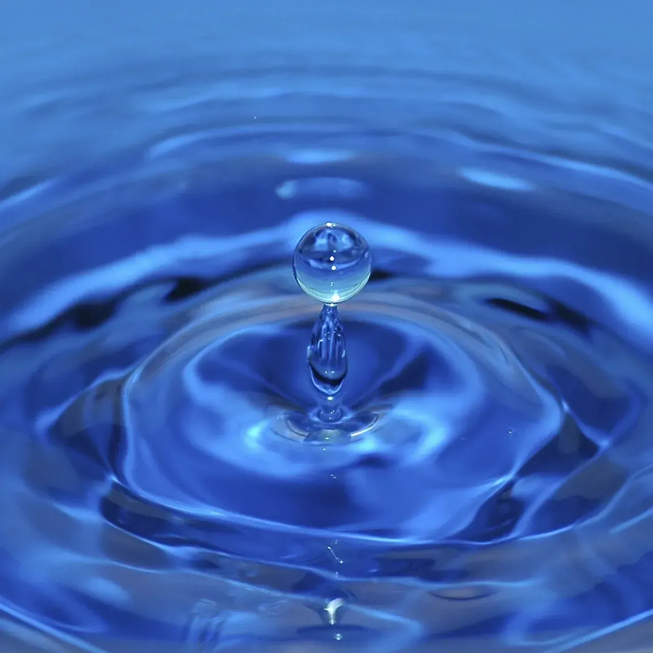 Water droplet about to enter blue water, creating ripples.