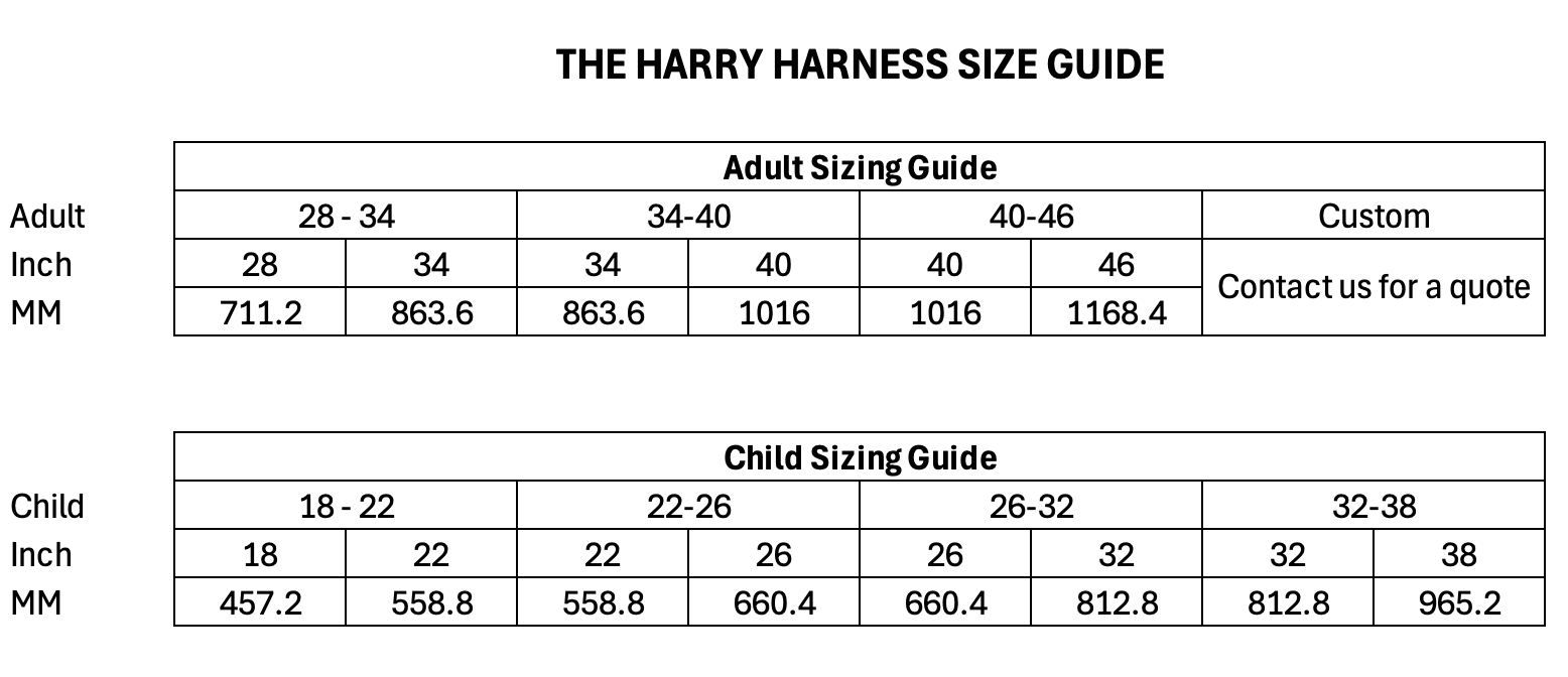 A chart showing the harry harness size guide