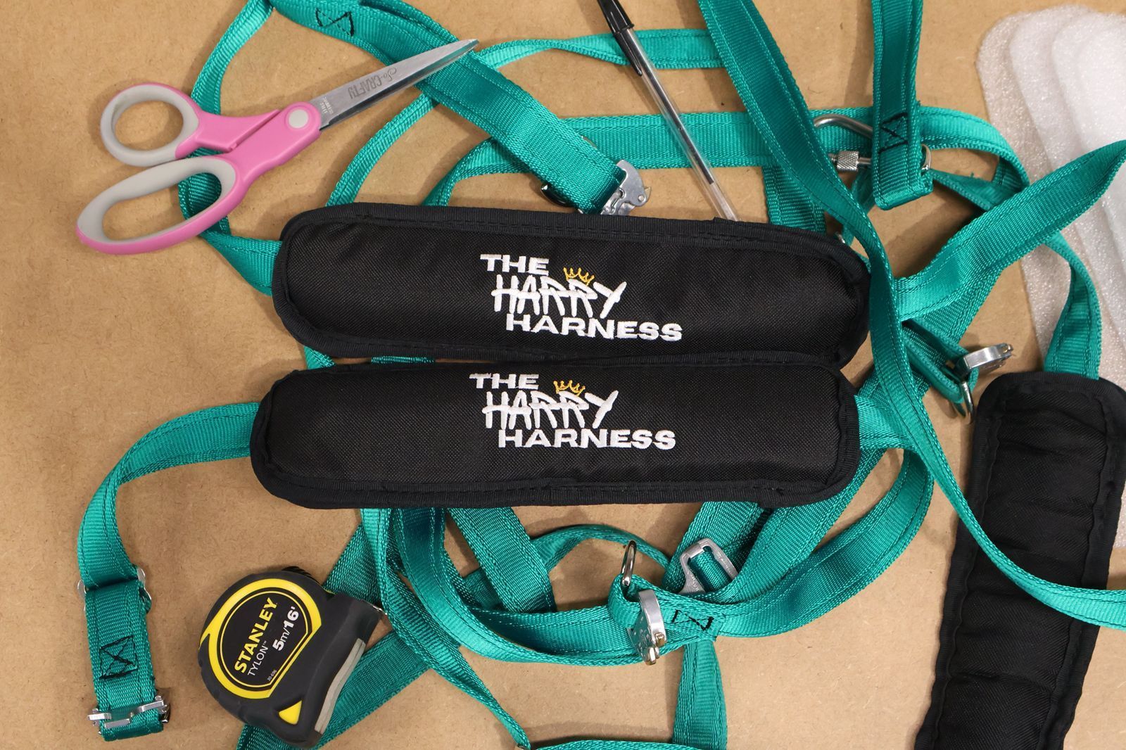 A pair of the harry harness sitting on top of a table