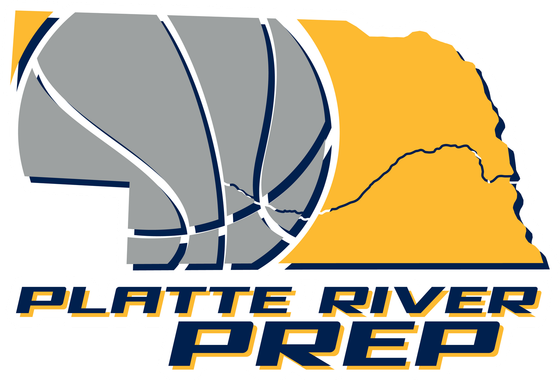 Platte River Prep logo with gray basketball, yellow Nebraska outline, and navy text