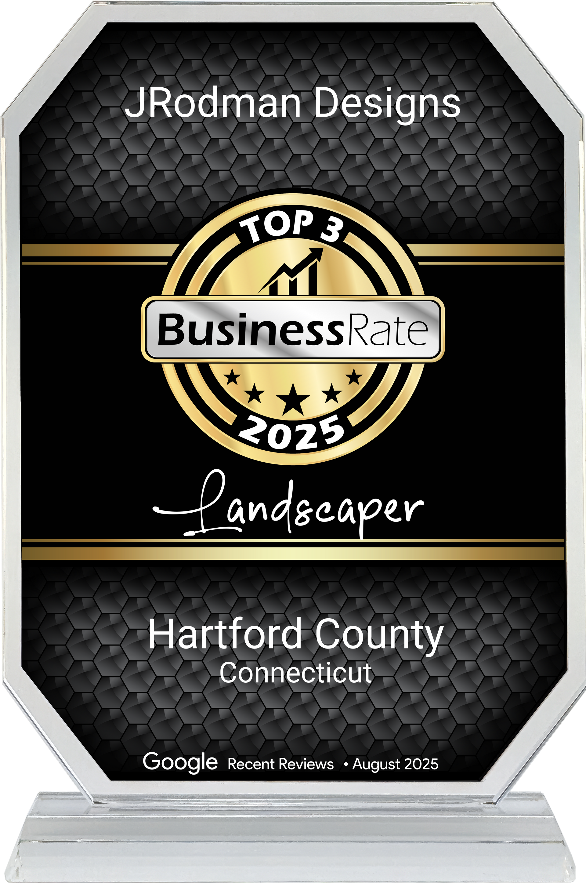 Award for JRodman Designs: Top 3 Landscaper in Hartford County, Connecticut, 2025 by Business Rate.