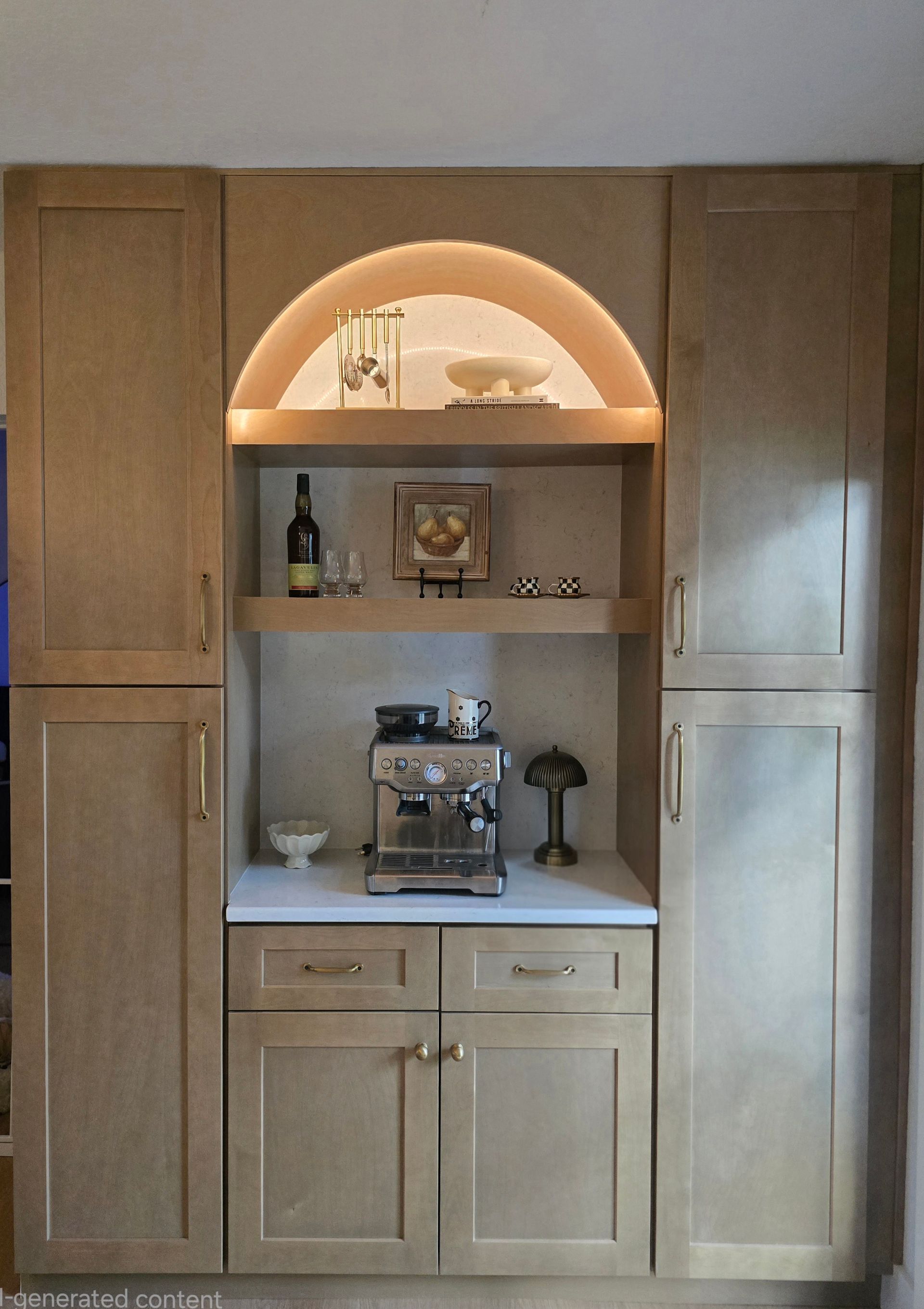 A tall, light-wood cabinetry unit features a central recessed nook with an arched top, and built-in shelving. Serving Apopka