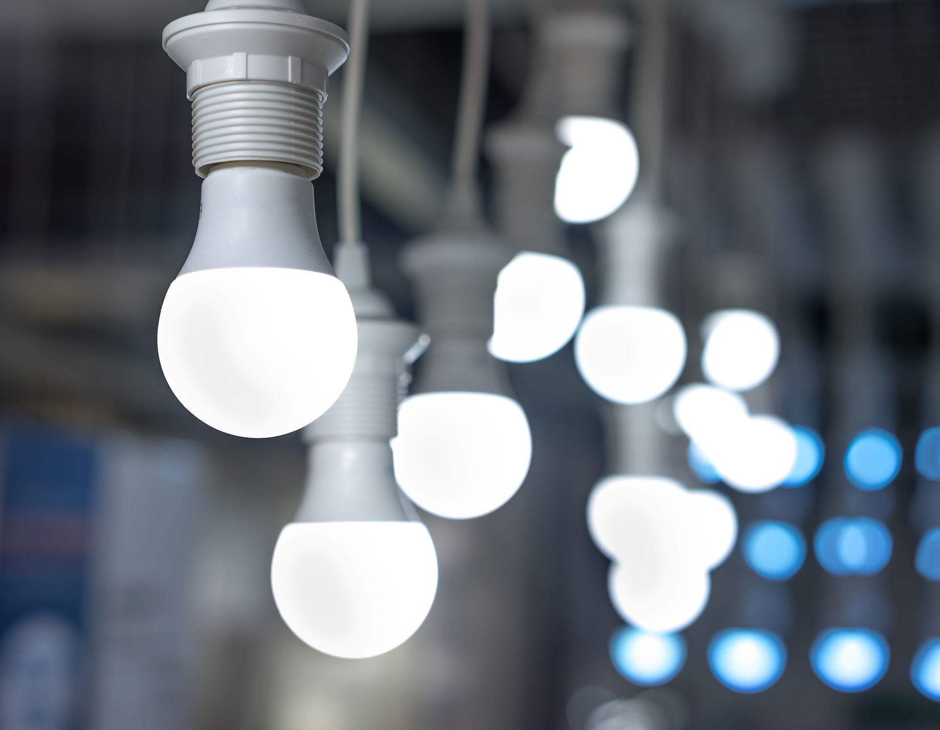 a large number of led light bulbs hang from a ceiling
