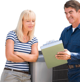 A man is holding a clipboard and talking to a woman