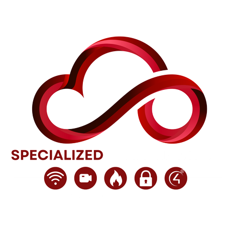 Red infinity-style cloud logo with “SPECIALIZED” and five small red service icons underneath