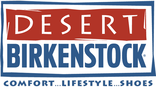 Logo for Desert Birkenstock, red bar with white text, blue lettering beneath,