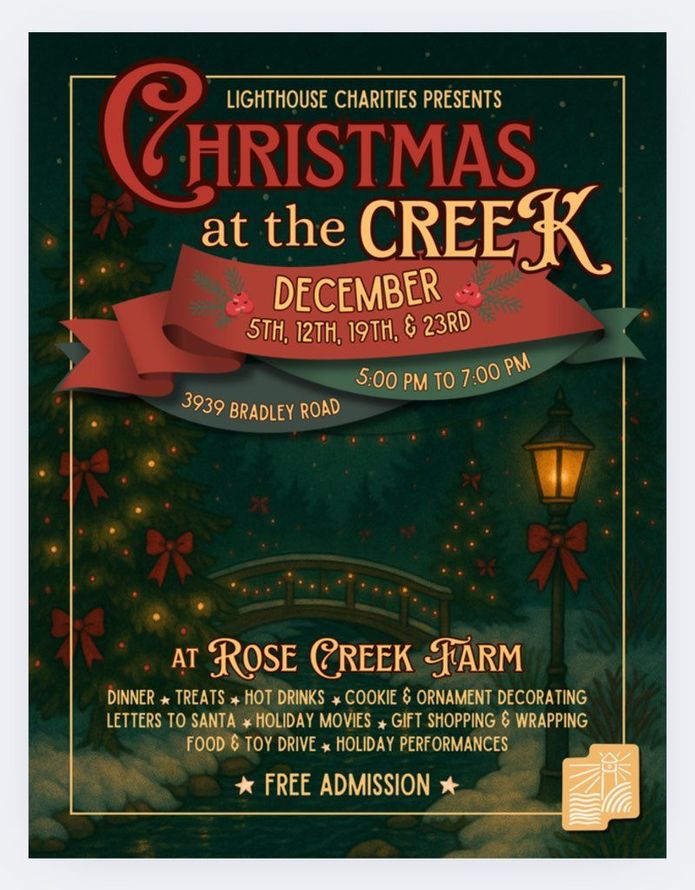 Christmas at the Creek event poster. Features event details, including date, location, and activities in a festive illustration.