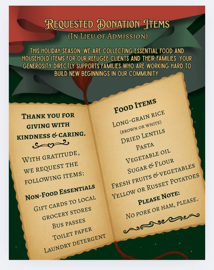 Donation request poster: food & non-food items for refugees. Includes rice, lentils, pasta, oil, and gift cards.