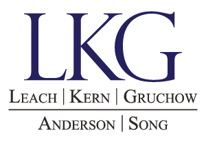 Logo for LKG law firm: Dark blue serif letters LKG over names: Leach, Kern, Gruchow, Anderson, Song.