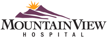 Logo for Mountain View Hospital: purple mountains, orange sun, black text.