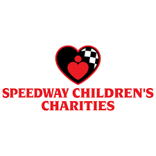 Speedway Children's Charities logo: Heart with checkered flag, red and black with text