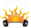 Sun rising behind a barbell with black weight plates, glowing orange and yellow