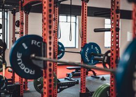 Gym rack with barbells and weight plates in a workout room