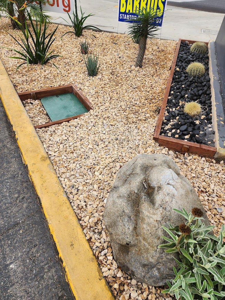 A rock is sitting in the middle of a gravel garden next to a yellow curb.