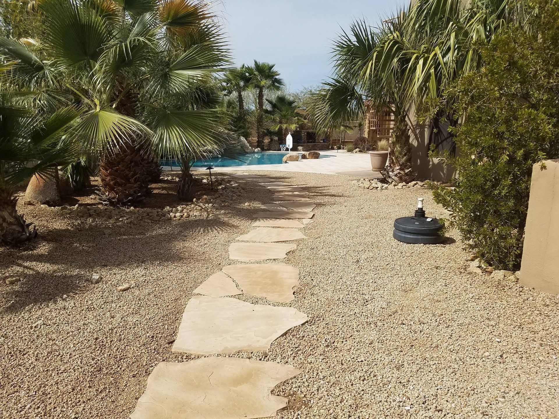 A gravel path leads to a swimming pool surrounded by palm trees