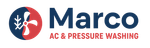 Logo of Marco AC & Pressure Washing with a yin-yang-style design incorporating an AC unit and fan.